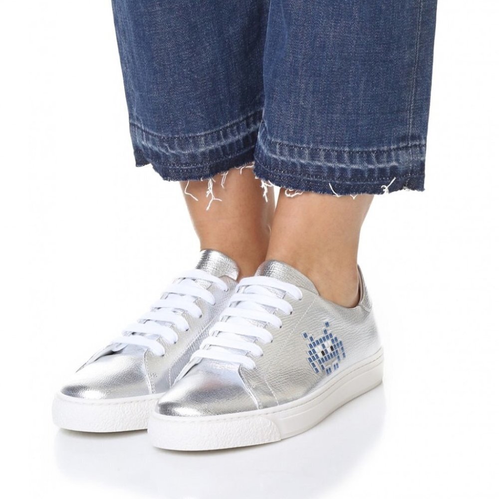 Anya Hindmarch Space  Invaders Silver Metallic Leather tennis sneakers size 37
